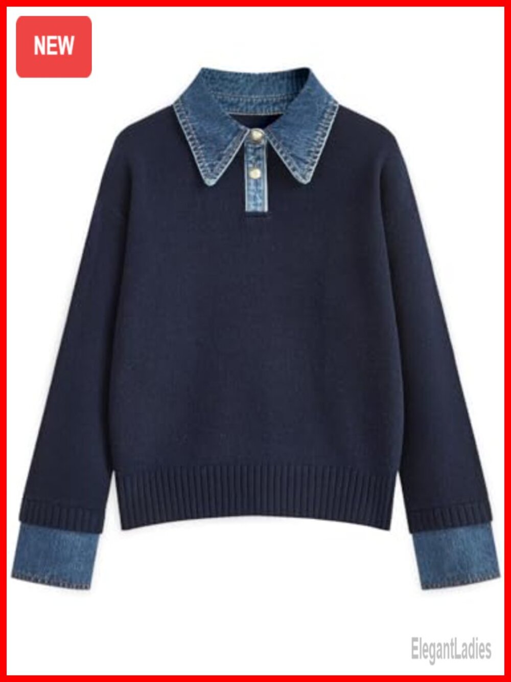 Oversized Sweater Denim Polo Knit Collared V-Neck Pullover for Women